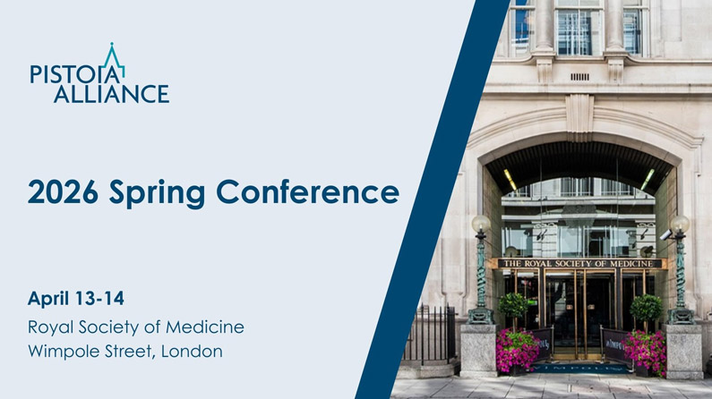 Dark blue text on a light blue background that reads "Pistoia Alliance 2026 Spring Conference, April 13-14, Royal Society of Medicine Wimpole Street, London." A picture of a building wiht large glass doors on the right.